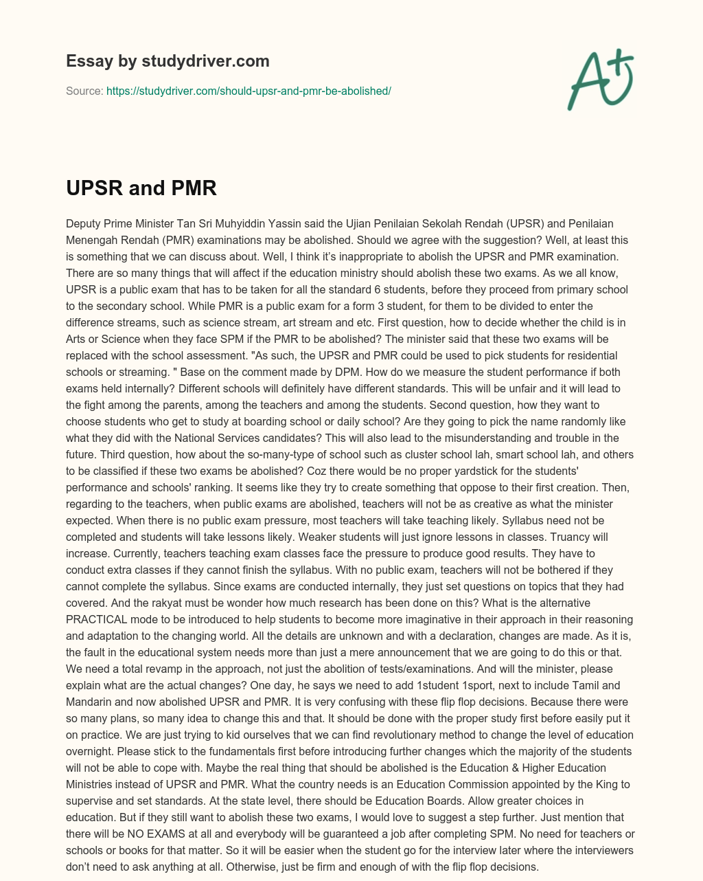 UPSR and PMR essay
