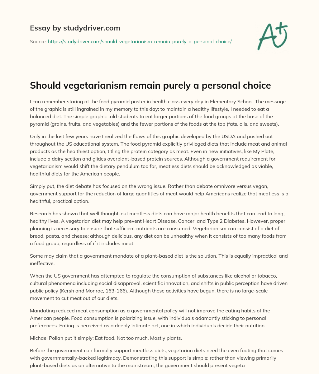 Should Vegetarianism Remain Purely a Personal Choice essay