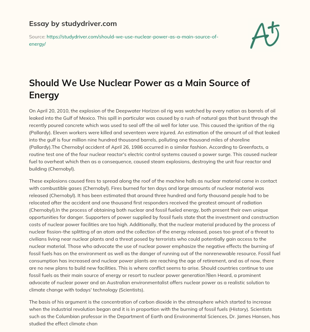 Should we Use Nuclear Power as a Main Source of Energy essay