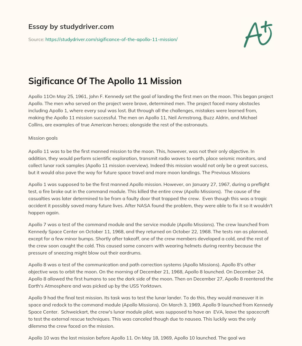 Sigificance of the Apollo 11 Mission essay