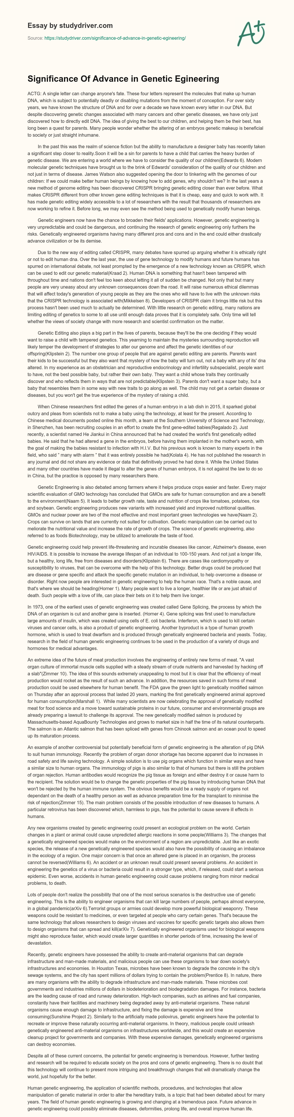 Significance of Advance in Genetic Egineering essay