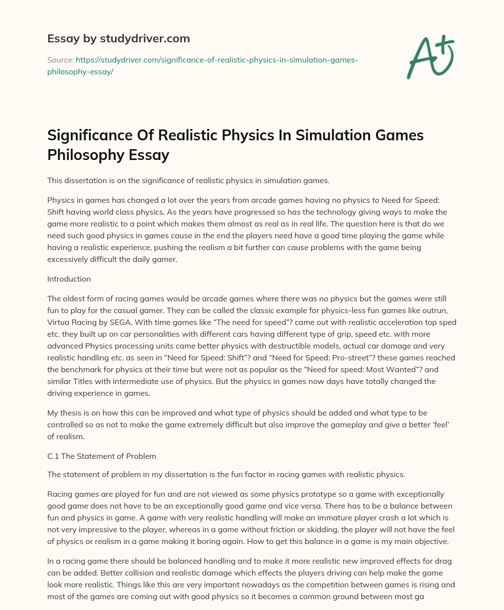 Significance of Realistic Physics in Simulation Games Philosophy Essay essay