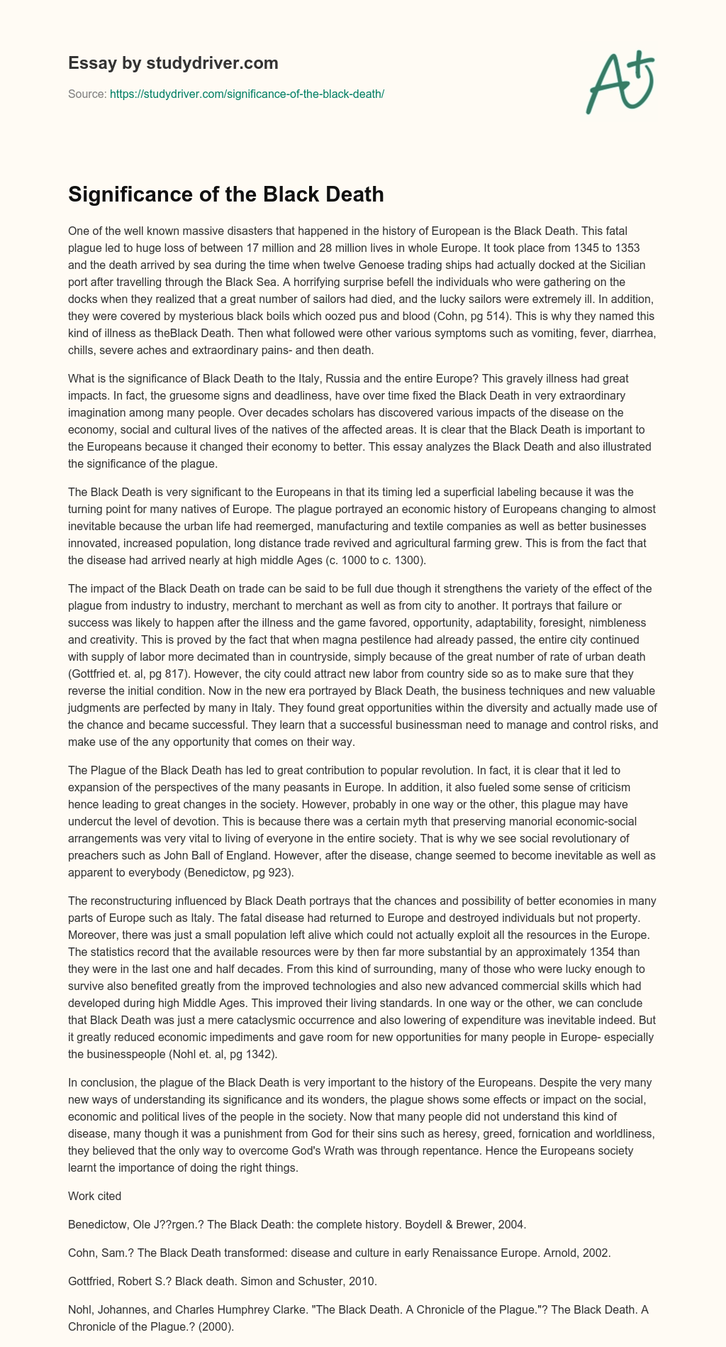 Significance of the Black Death essay