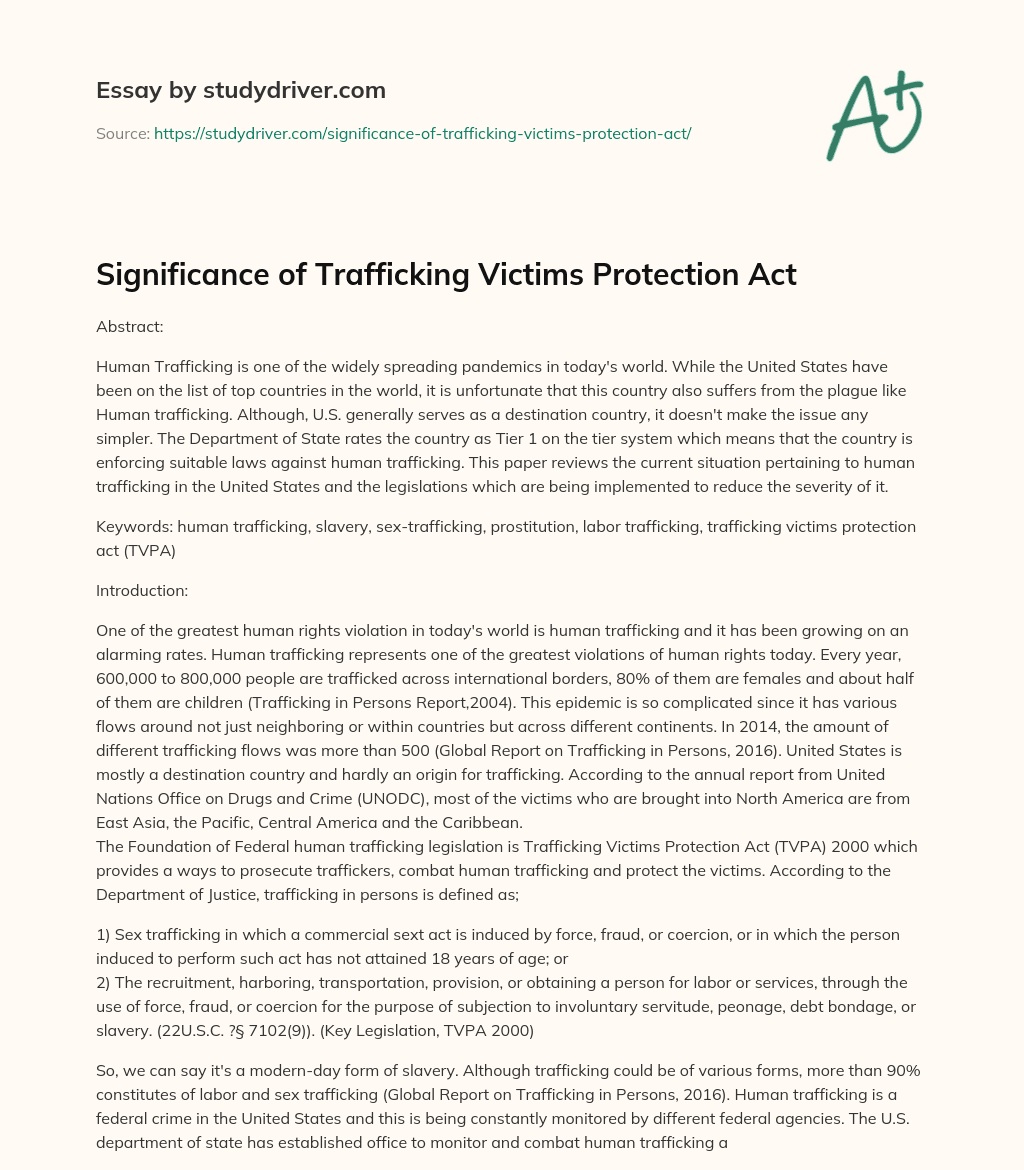 Significance of Trafficking Victims Protection Act essay