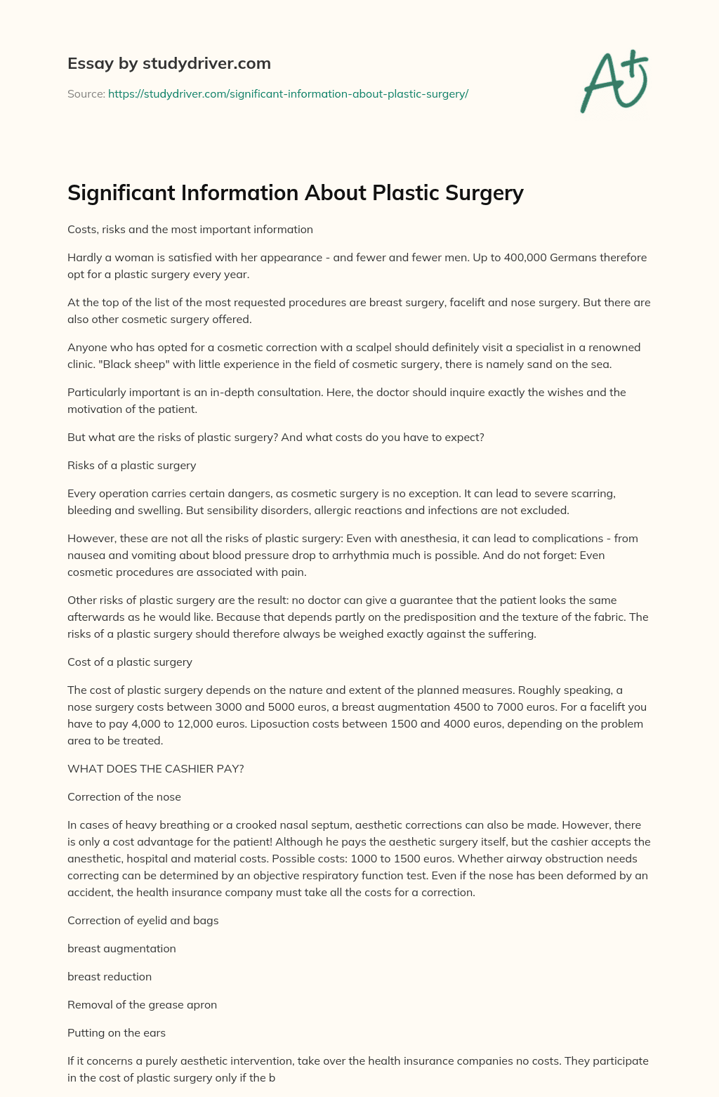 Significant Information about Plastic Surgery essay