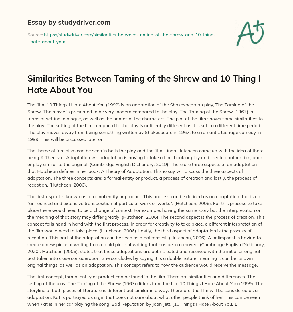 Similarities between Taming of the Shrew and 10 Thing i Hate about you essay