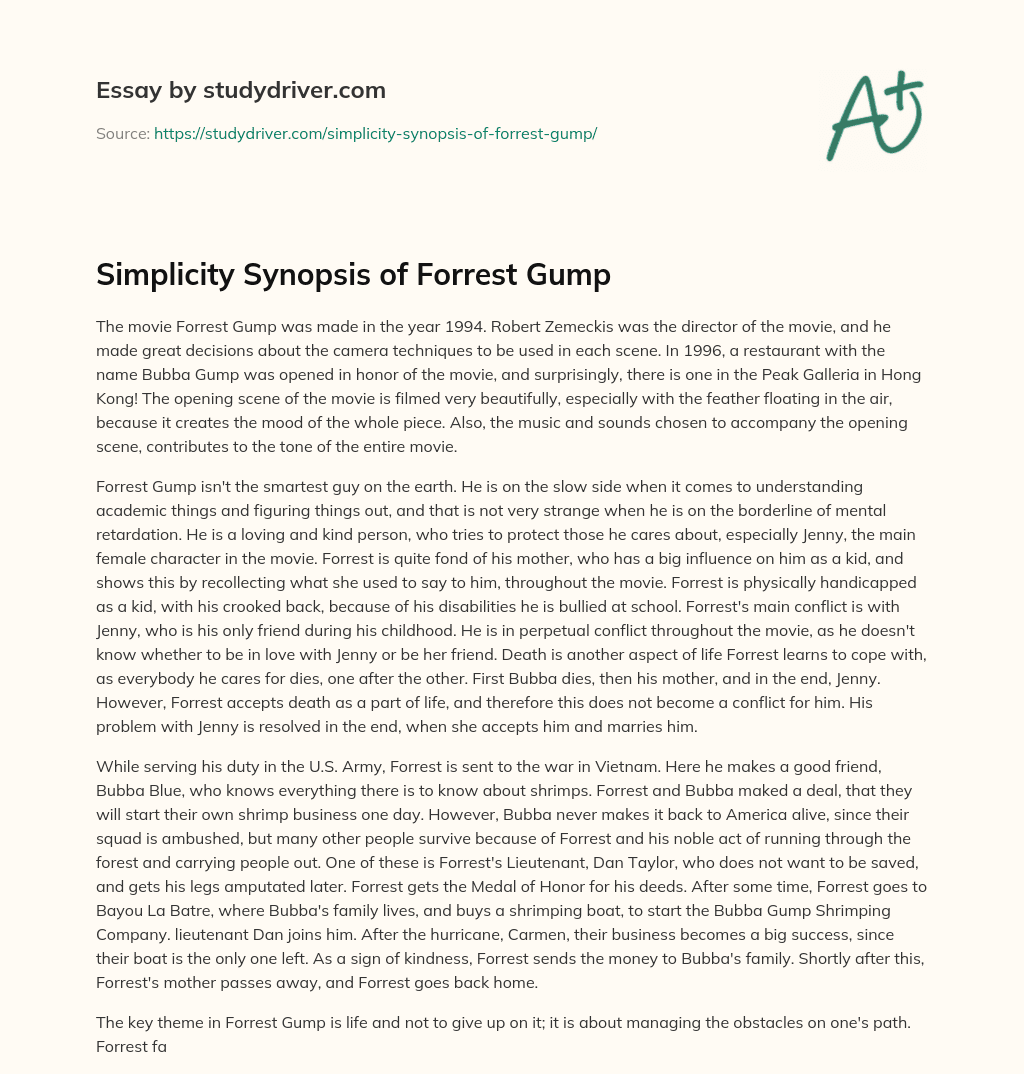 Simplicity Synopsis of Forrest Gump essay