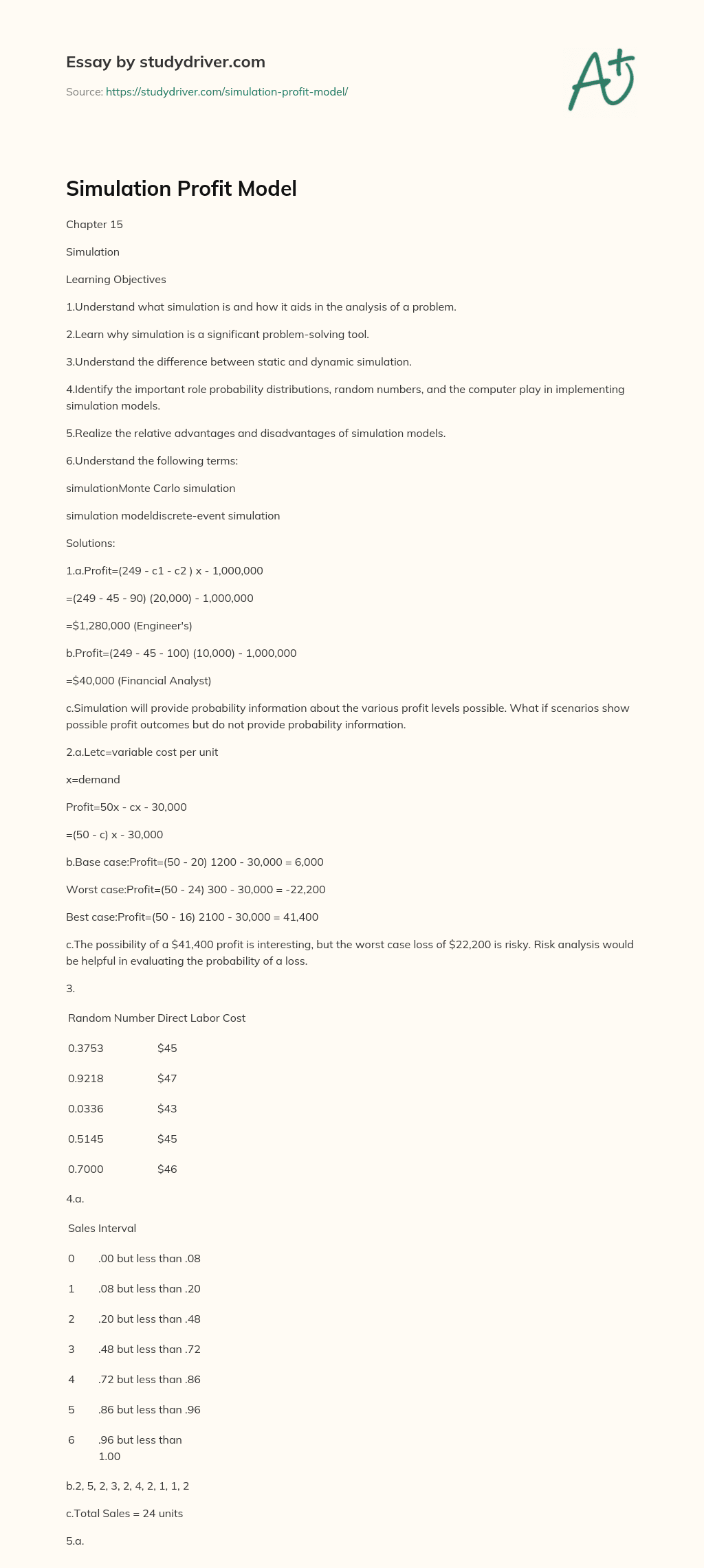 Simulation Profit Model essay