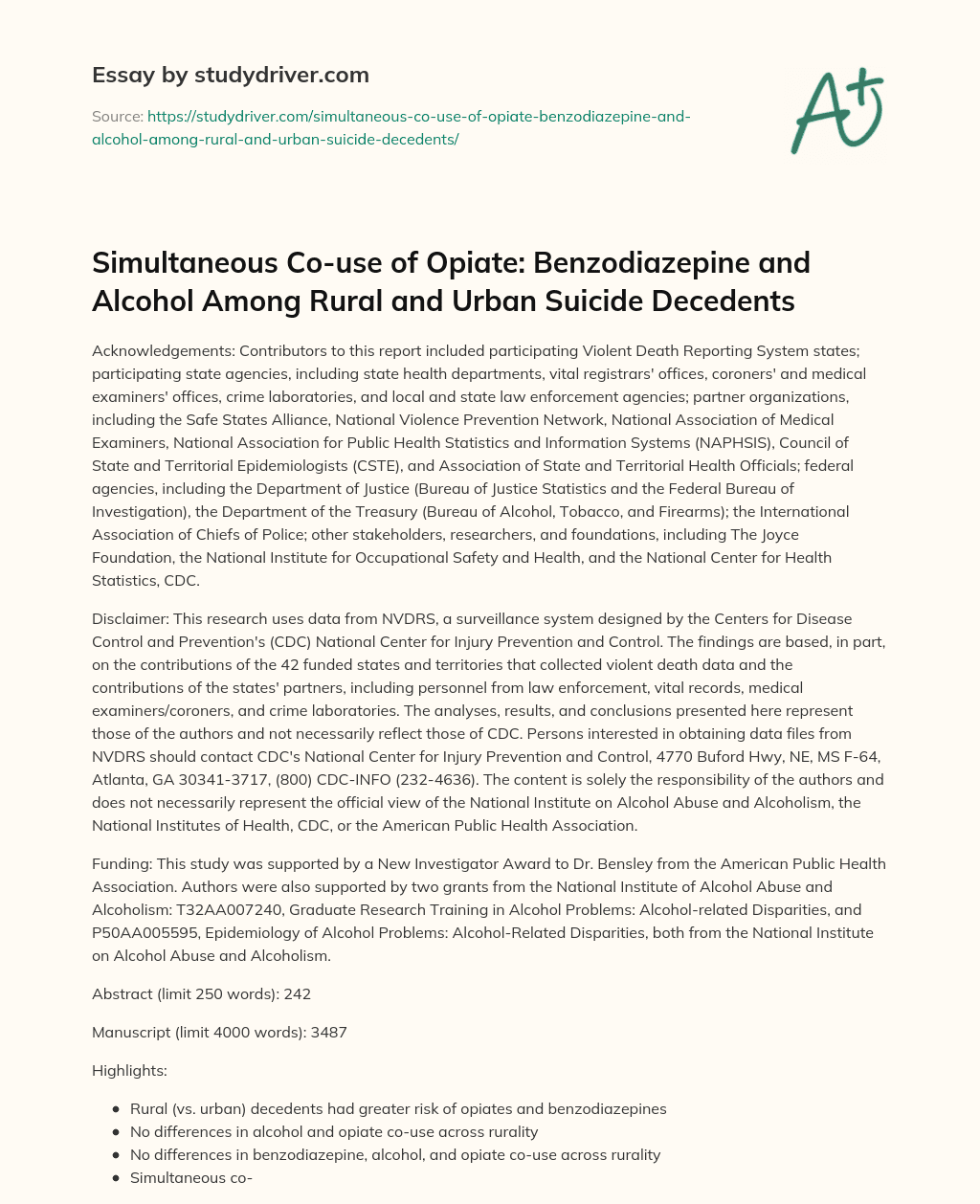 Simultaneous Co-use of Opiate: Benzodiazepine and Alcohol Among Rural and Urban Suicide Decedents essay