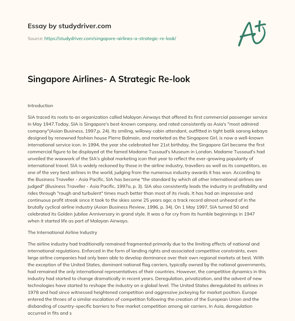 Singapore Airlines- a Strategic Re-look essay