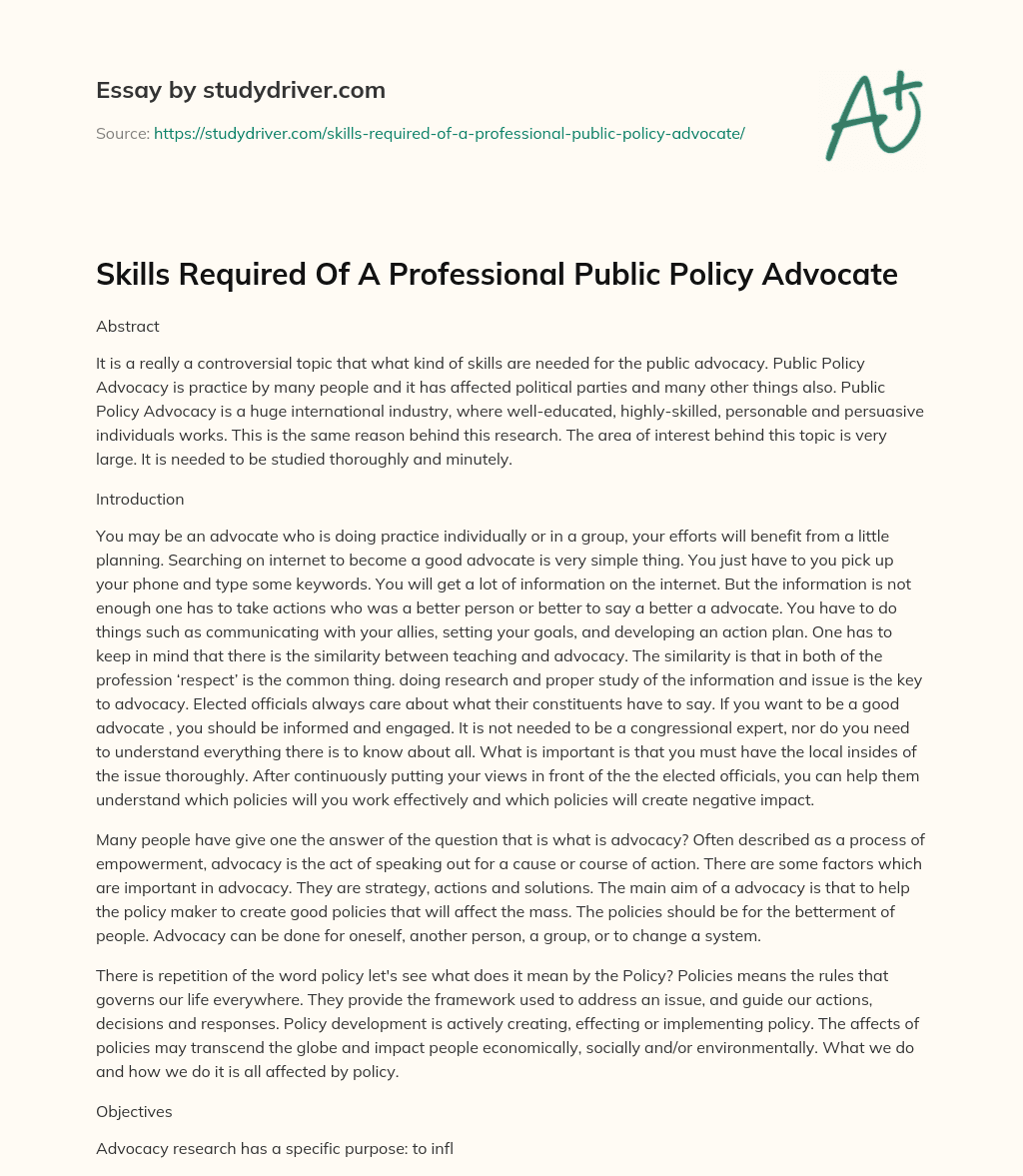 Skills Required of a Professional Public Policy Advocate essay