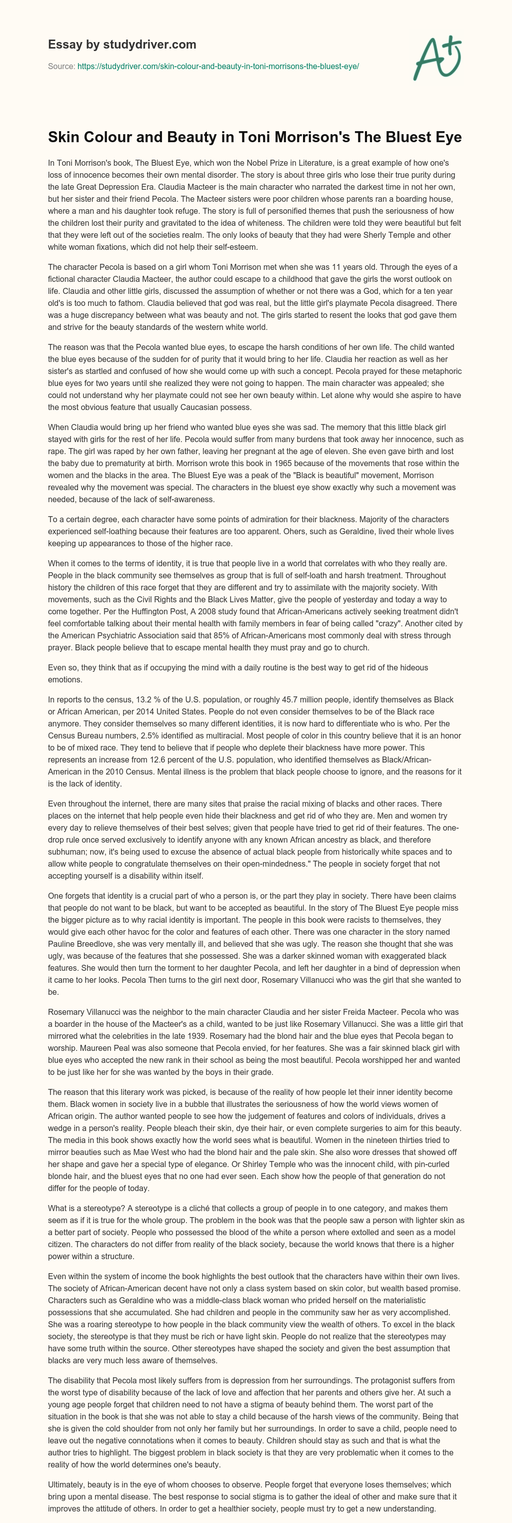 Skin Colour and Beauty in Toni Morrison’s the Bluest Eye essay