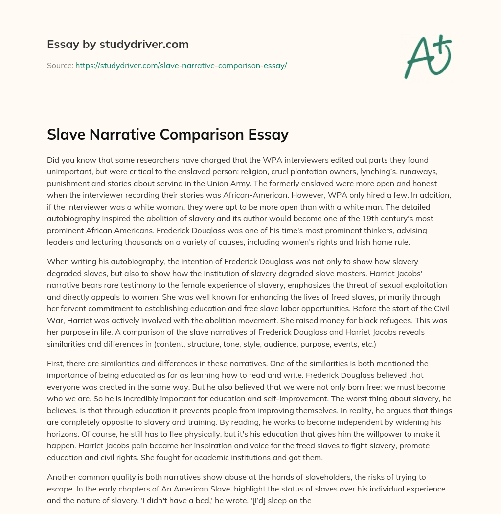 Slave Narrative Comparison Essay essay