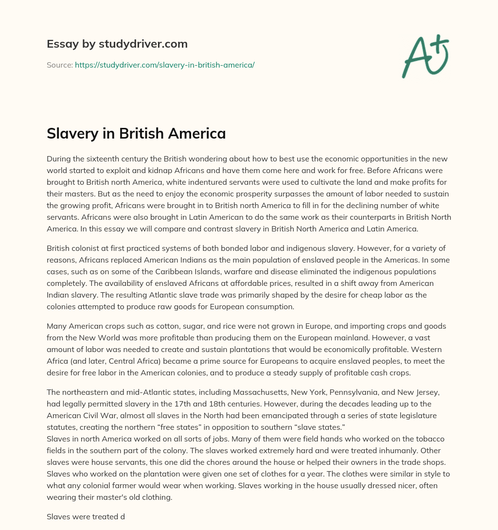Slavery in British America essay
