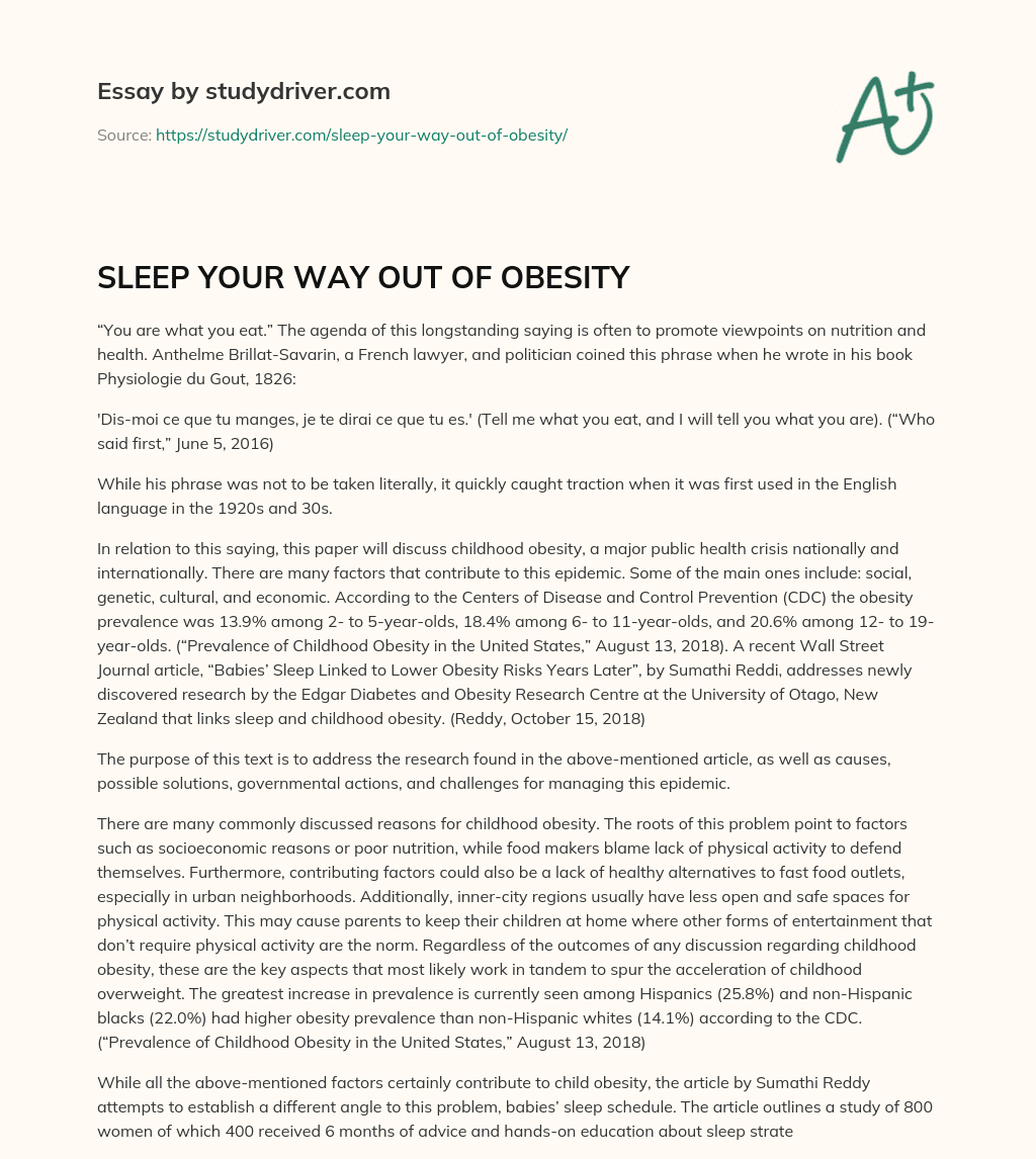 SLEEP your WAY out of OBESITY essay