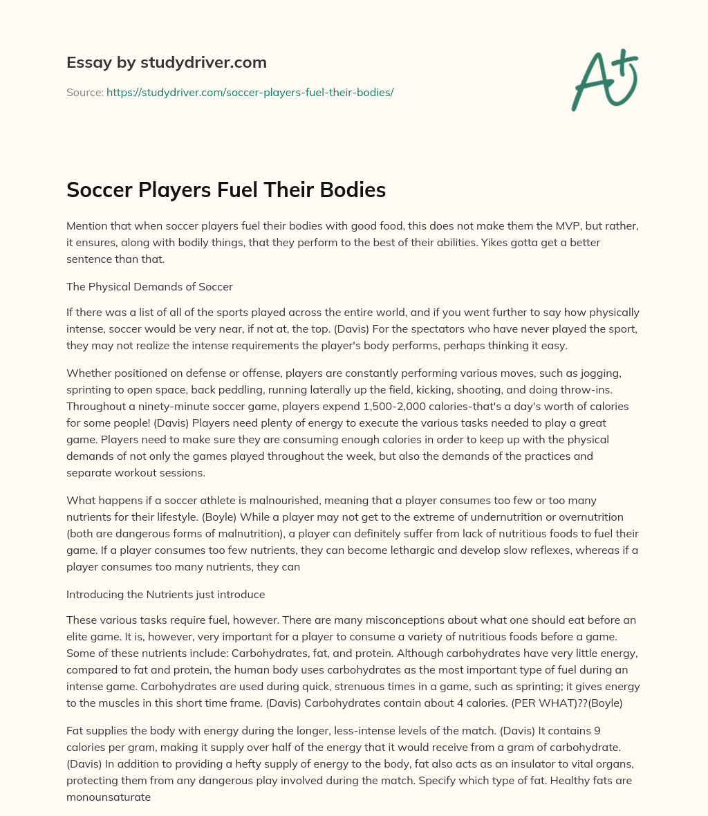 Soccer Players Fuel their Bodies essay