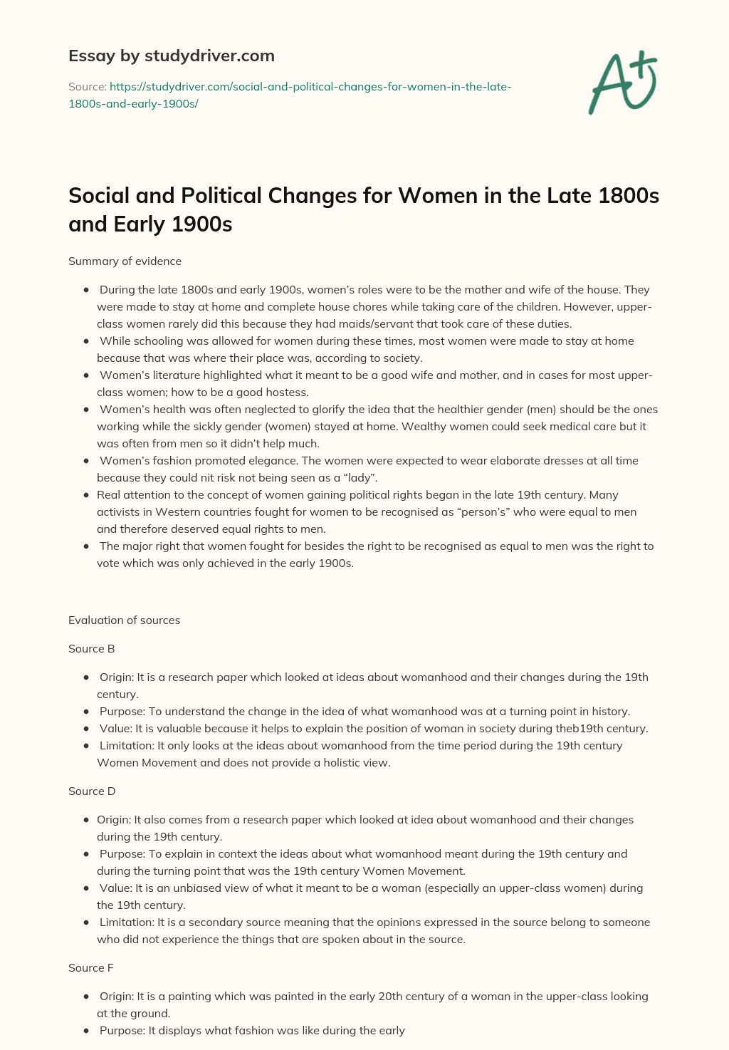 Social and Political Changes for Women in the Late 1800s and Early 1900s  essay