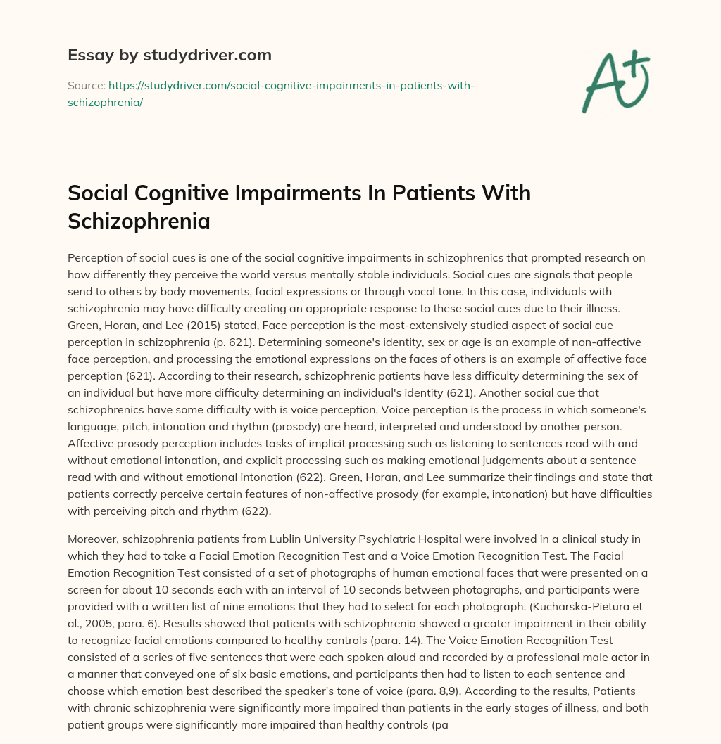 Social Cognitive Impairments in Patients with Schizophrenia essay