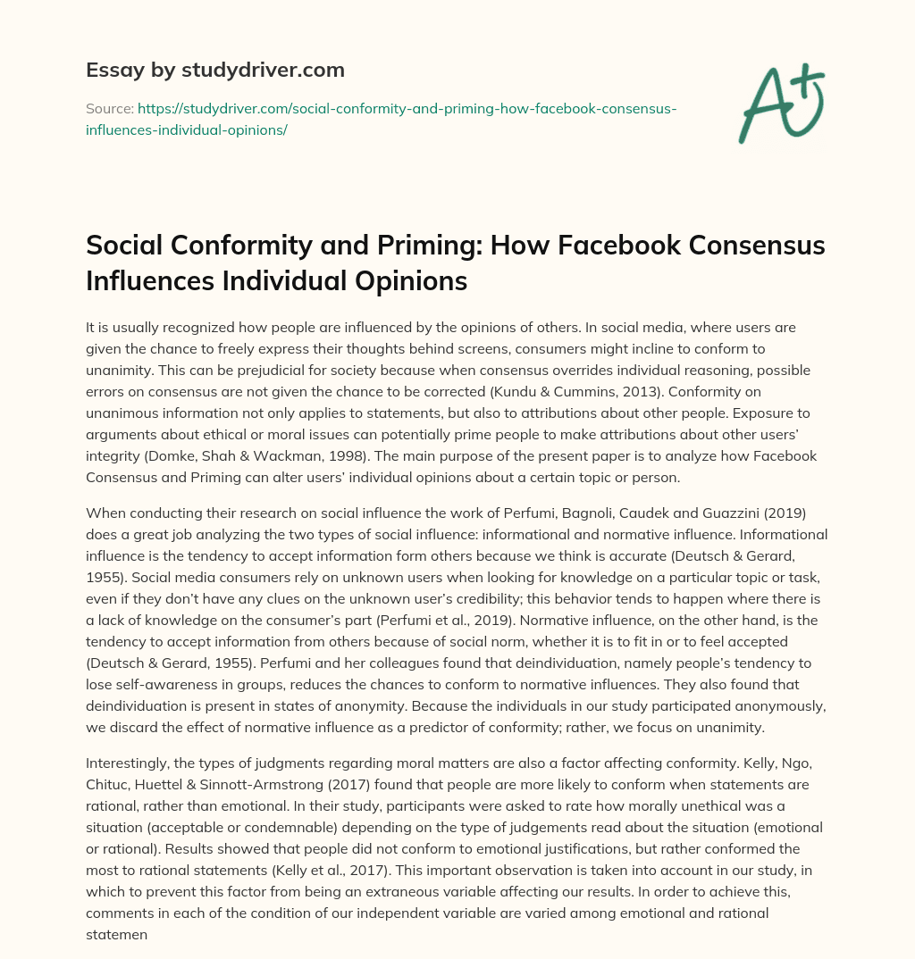 Social Conformity and Priming: how Facebook Consensus Influences Individual Opinions essay