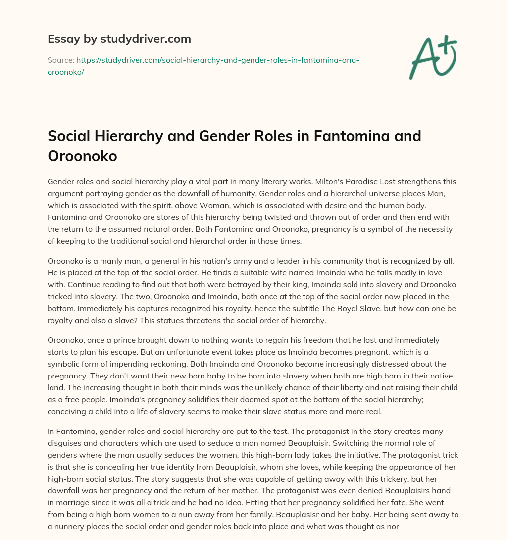 Social Hierarchy and Gender Roles in Fantomina and Oroonoko essay