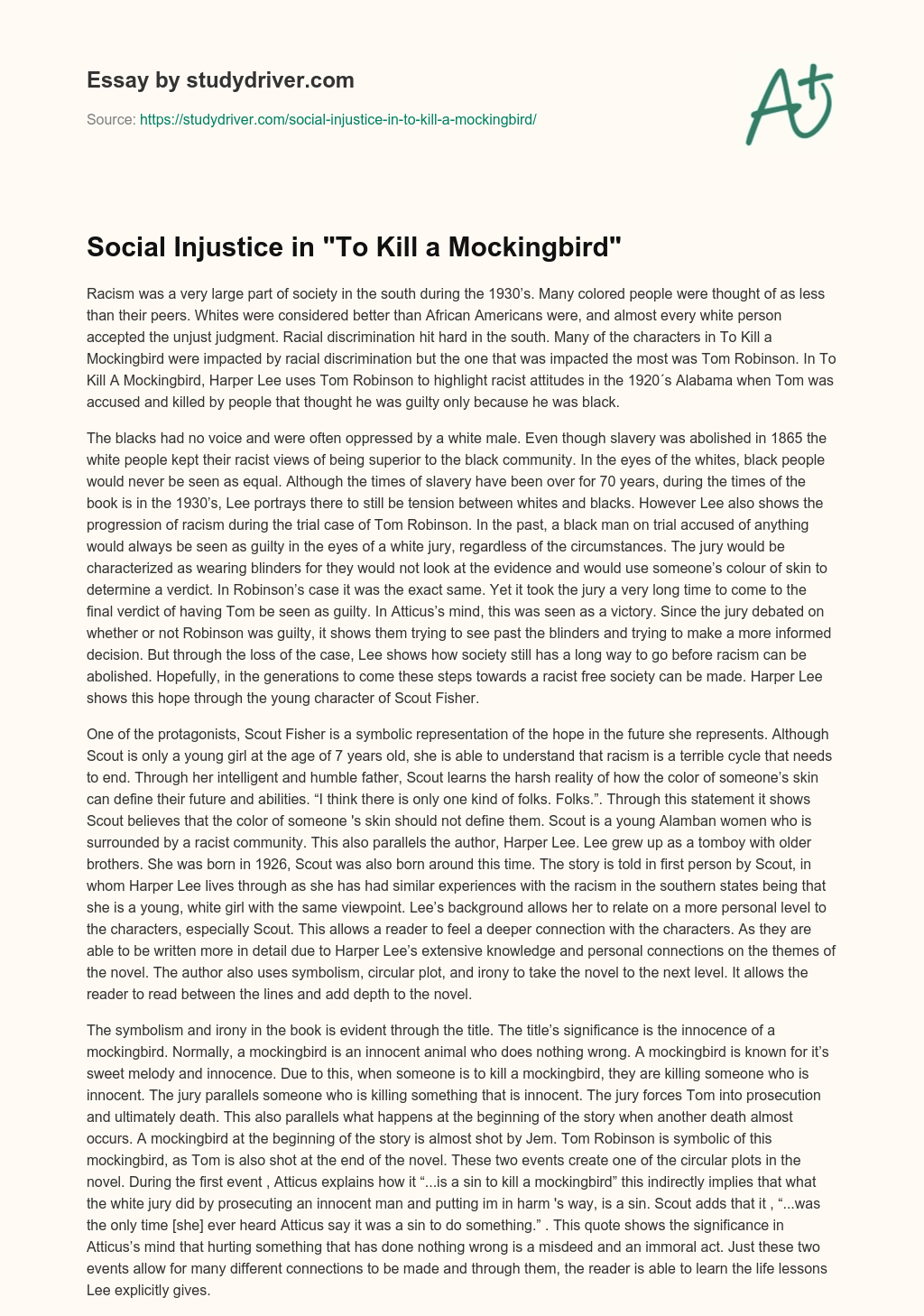 Social Injustice in “To Kill a Mockingbird” essay