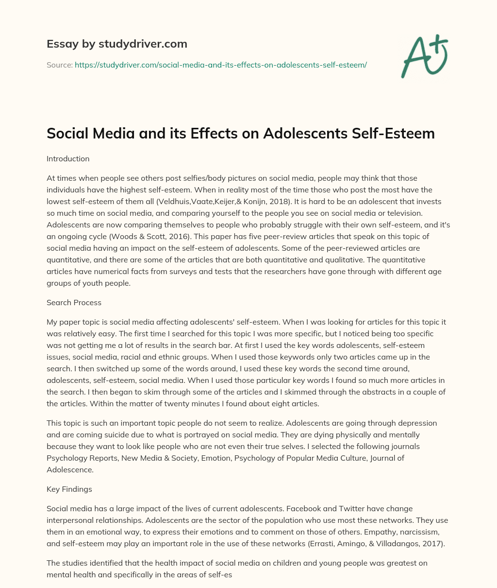 Social Media and its Effects on Adolescents Self-Esteem essay