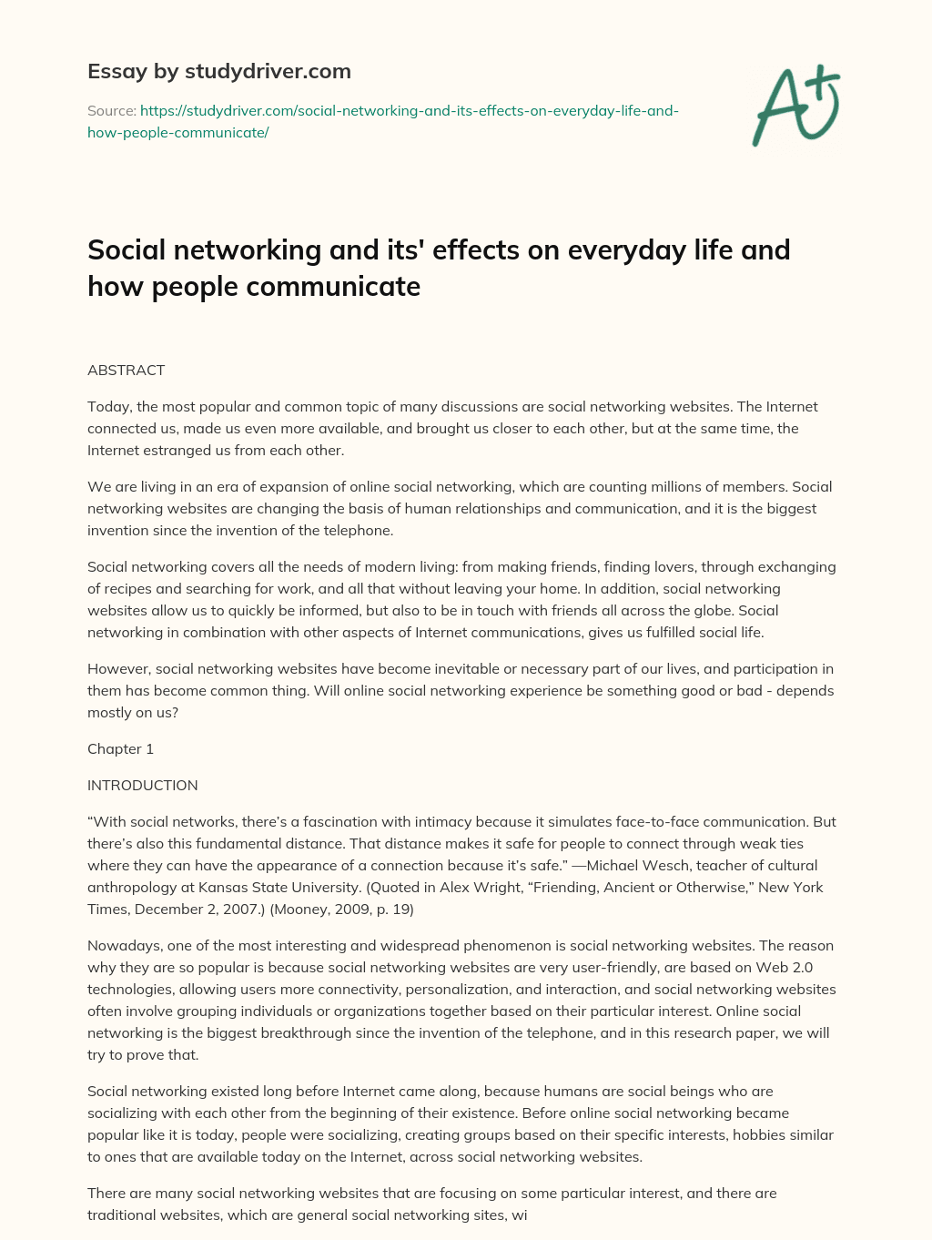 Social Networking and Its’ Effects on Everyday Life and how People Communicate essay