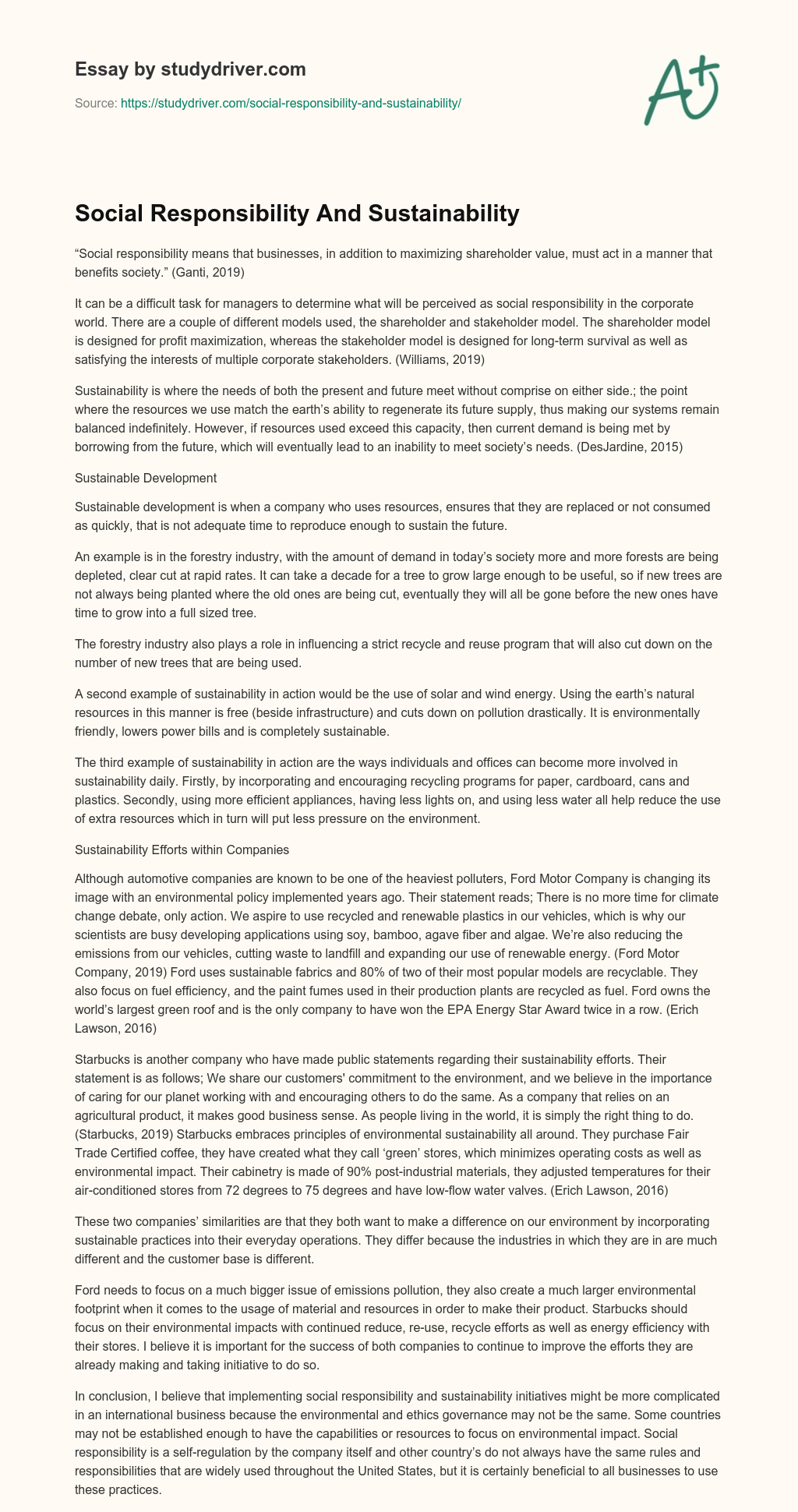 Social Responsibility and Sustainability essay