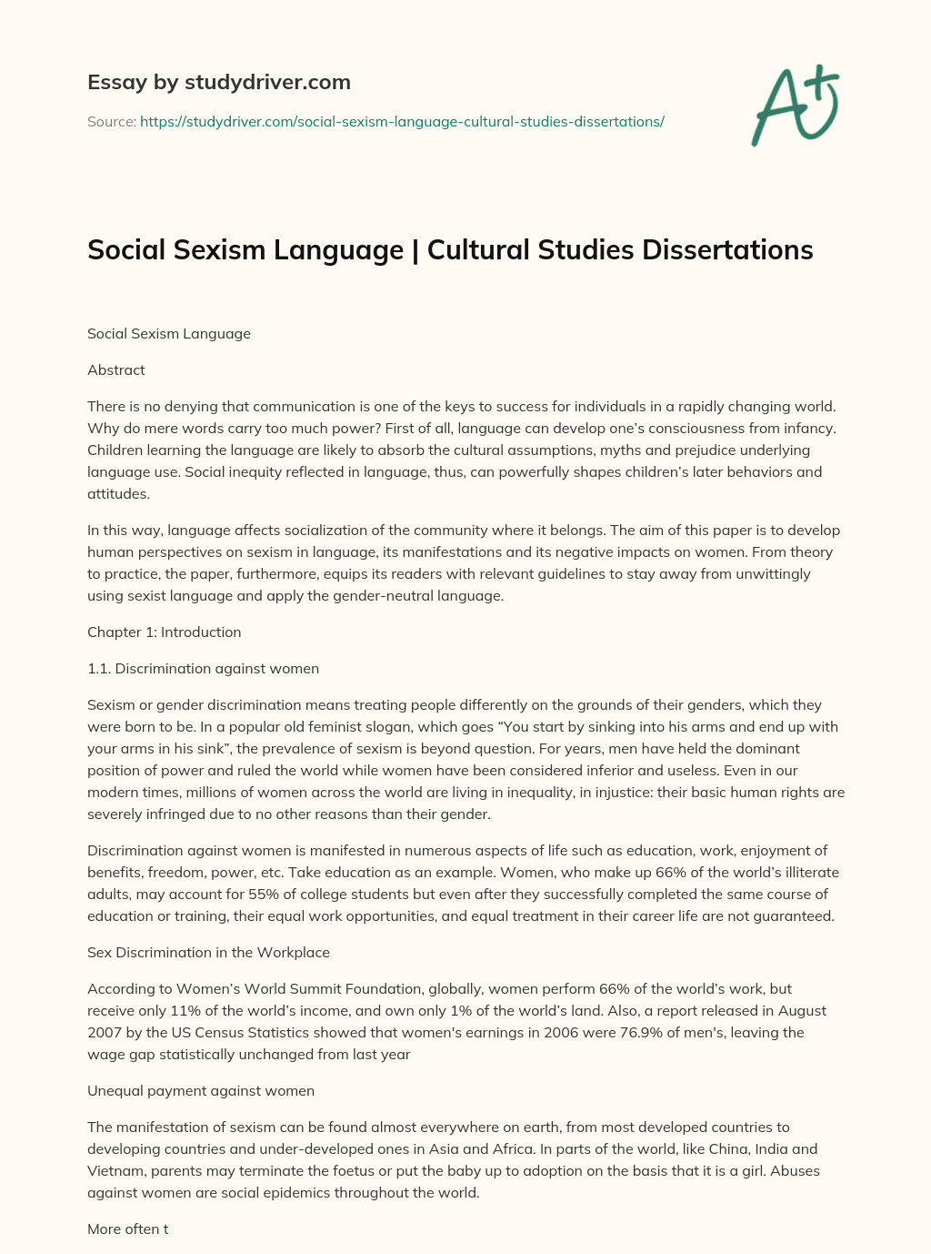 Social Sexism Language | Cultural Studies Dissertations essay