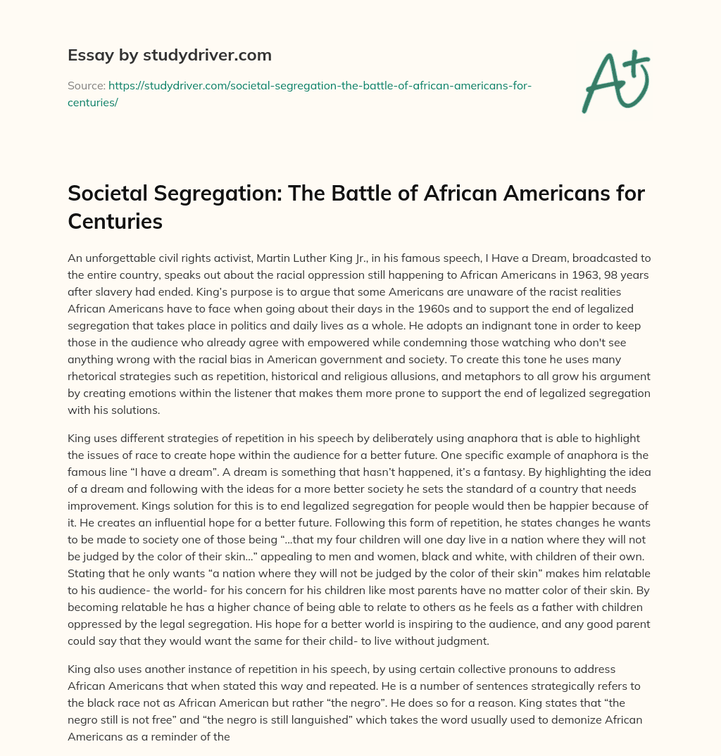Societal Segregation: the Battle of African Americans for Centuries essay