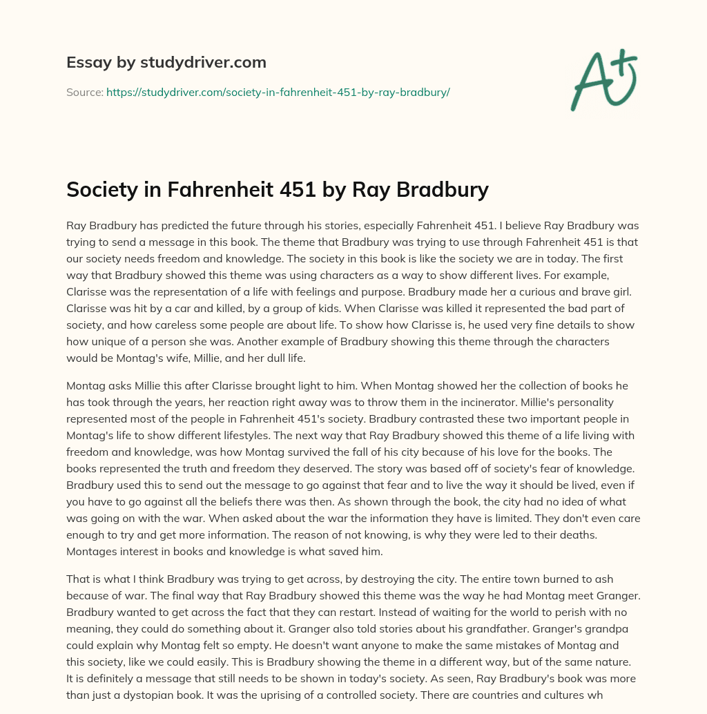 Society in Fahrenheit 451 by Ray Bradbury essay