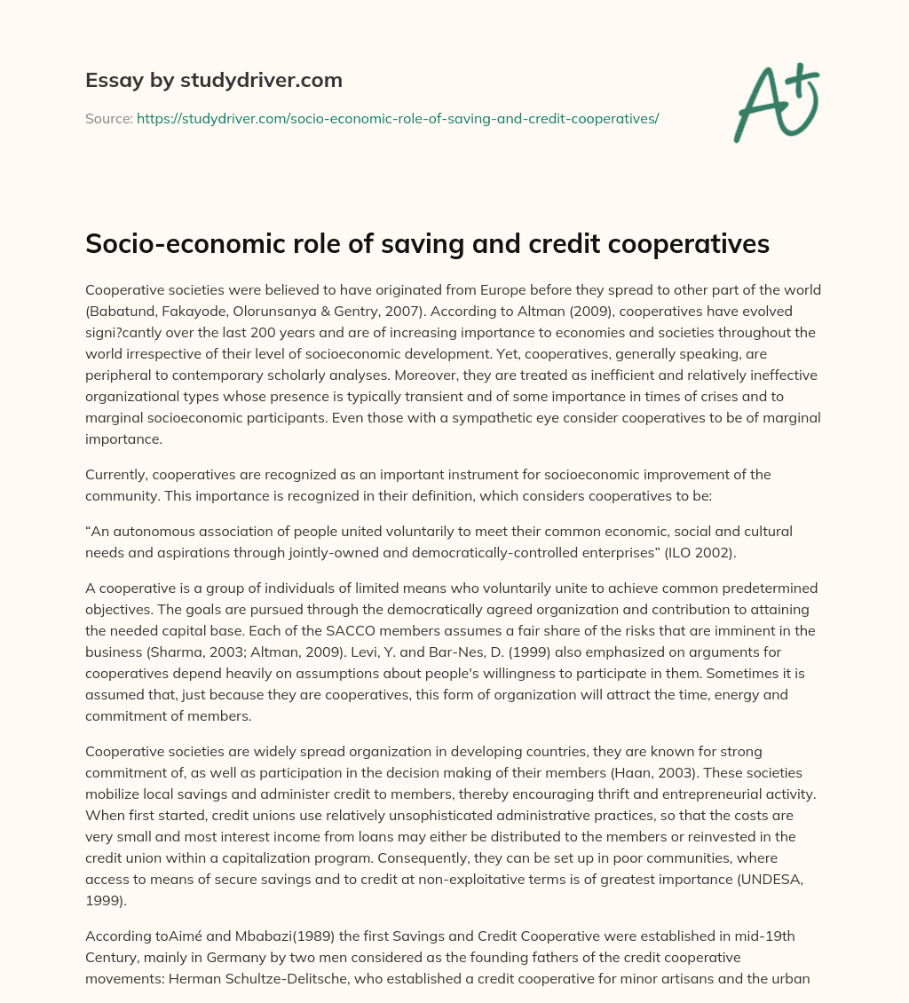 Socio-economic Role of Saving and Credit Cooperatives  essay