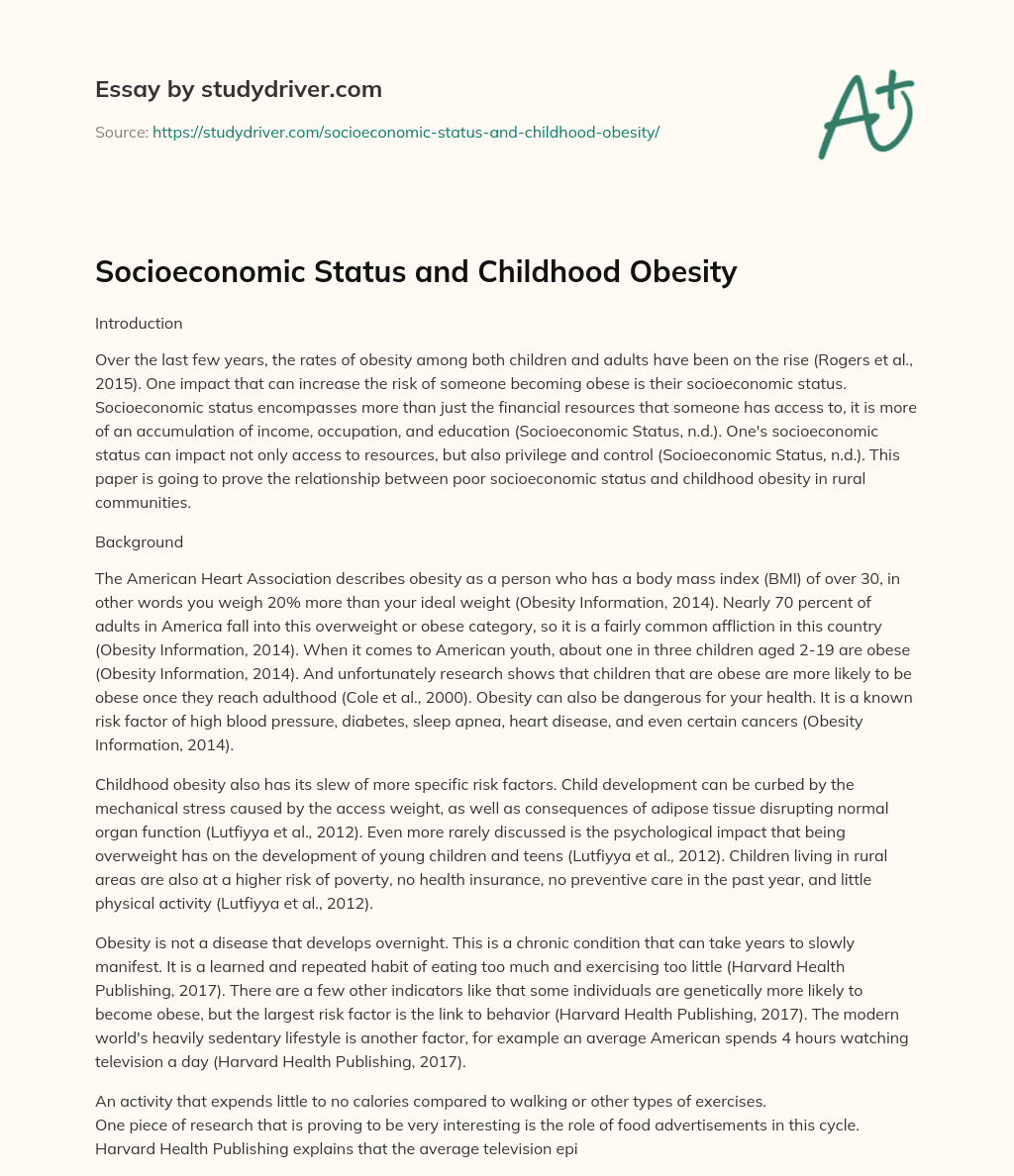 Socioeconomic Status and Childhood Obesity essay