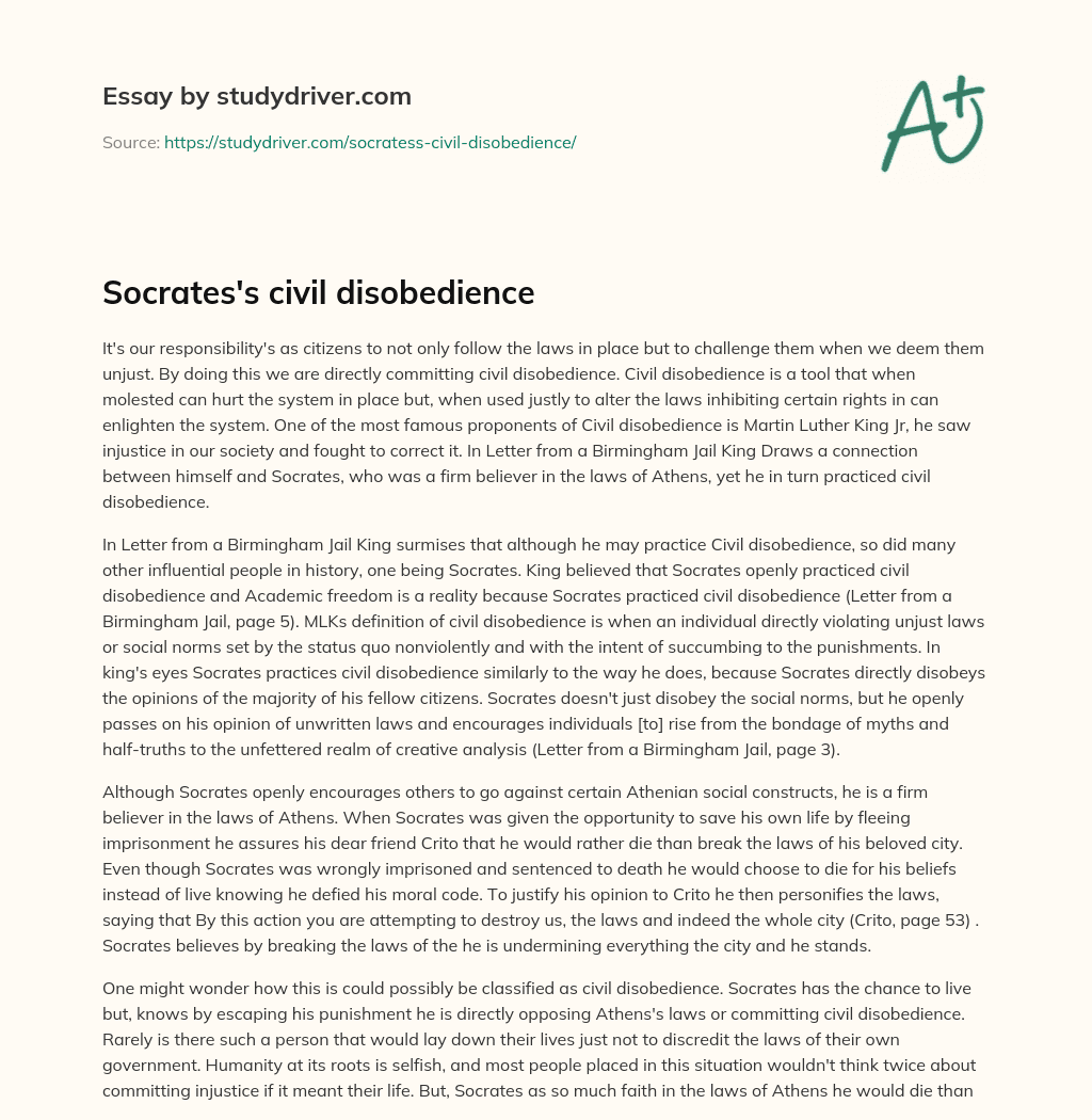 Socrates’s Civil Disobedience essay