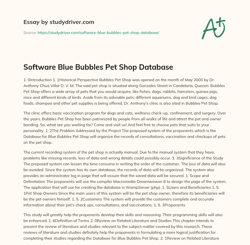 Software Blue Bubbles Pet Shop Database essay