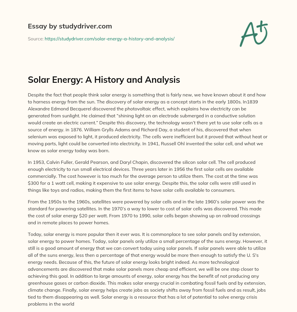 Solar Energy: a History and Analysis essay