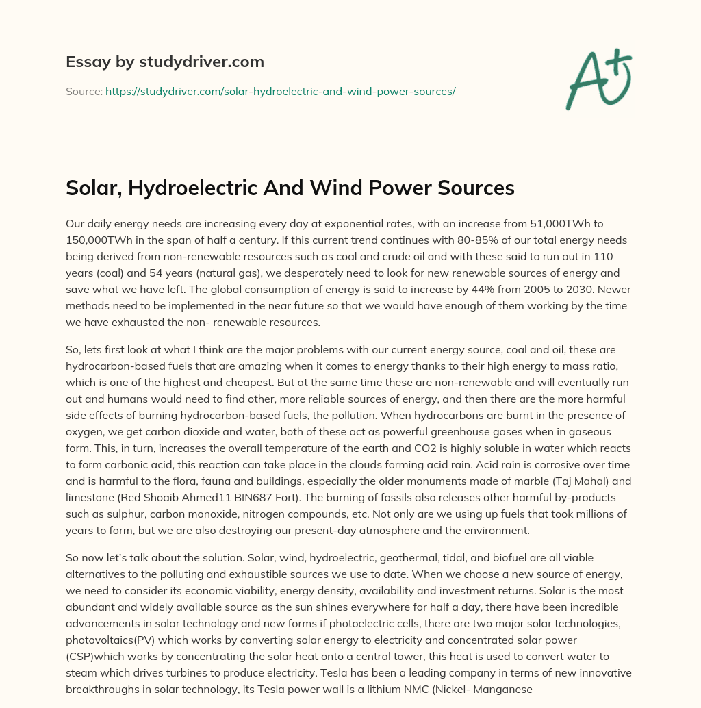 Solar, Hydroelectric and Wind Power Sources essay
