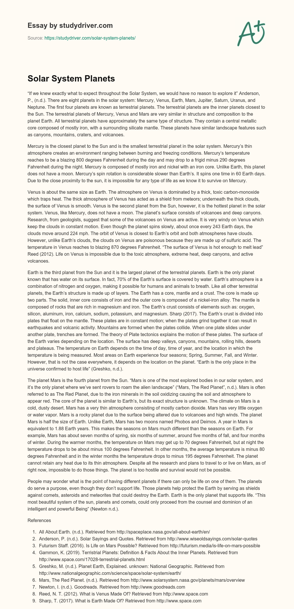 Solar System Planets essay