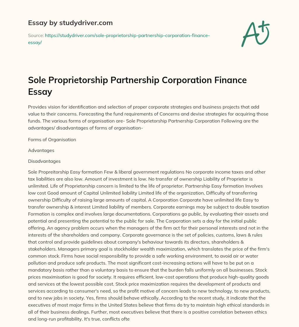 Sole Proprietorship Partnership Corporation Finance Essay essay