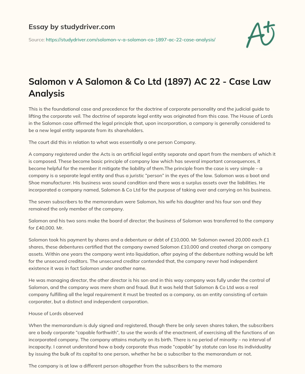 Salomon V a Salomon & Co Ltd (1897) AC 22 – Case Law Analysis essay