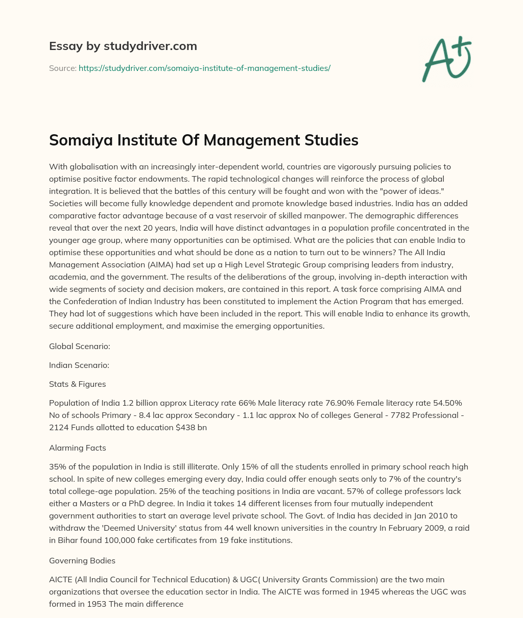 Somaiya Institute of Management Studies essay