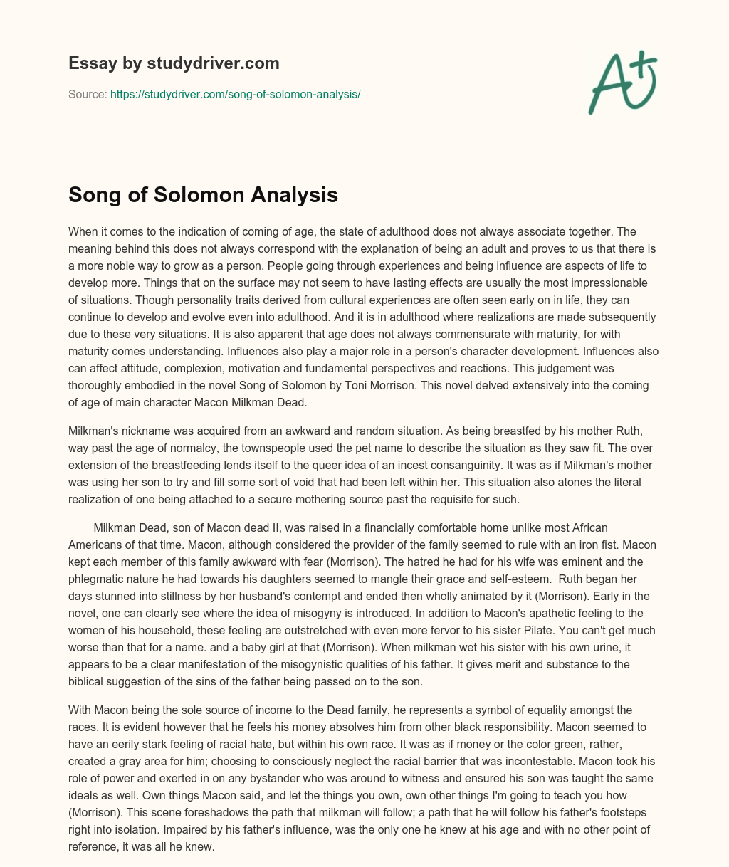 Song of Solomon Analysis essay