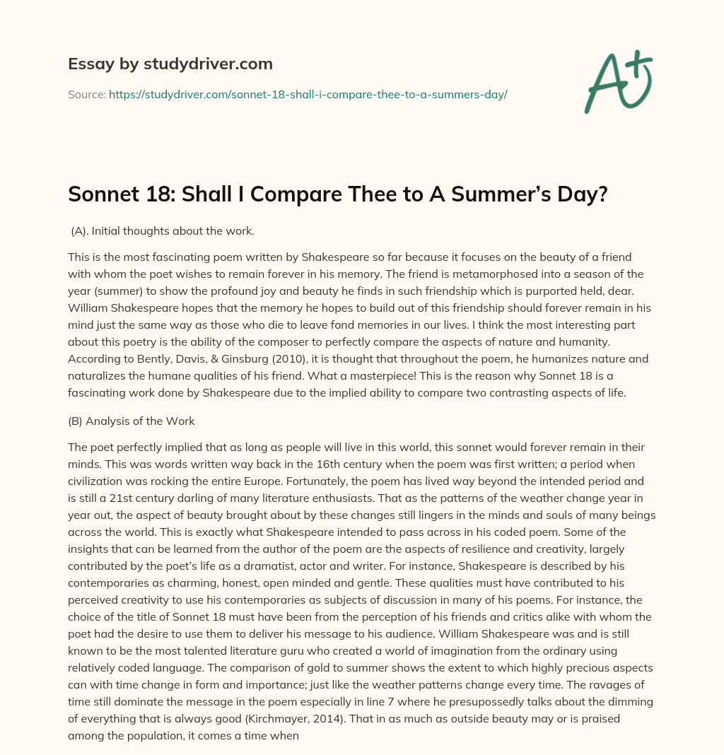 Sonnet 18: Shall i Compare Thee to a Summer’s Day? essay
