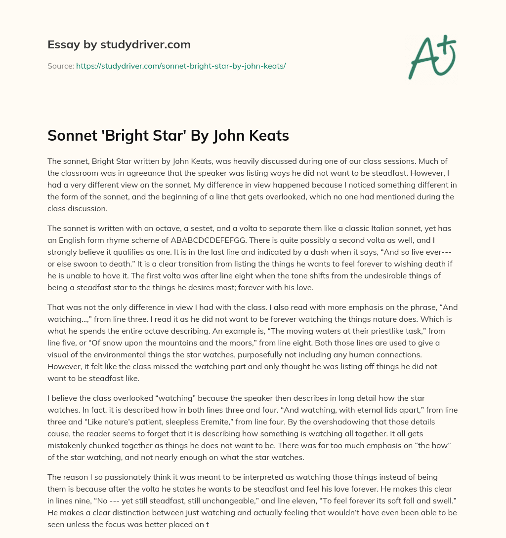 Sonnet ‘Bright Star’ by John Keats essay