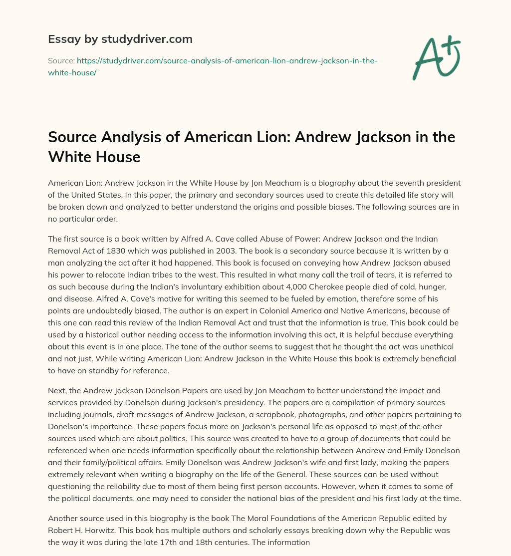 Source Analysis of American Lion: Andrew Jackson in the White House essay