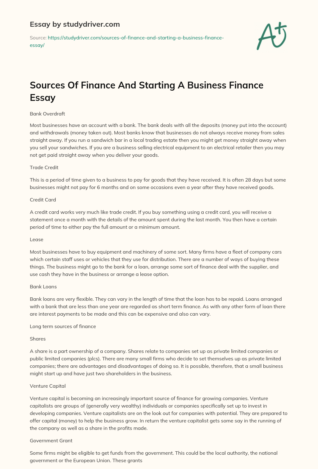 Sources of Finance and Starting a Business Finance Essay essay