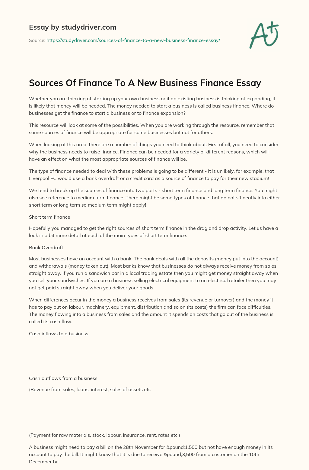 Sources of Finance to a New Business Finance Essay essay