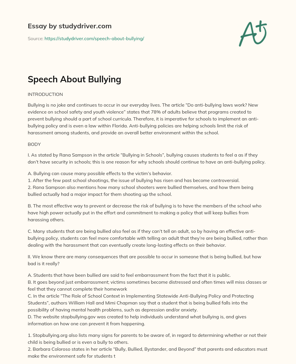 Speech about Bullying essay