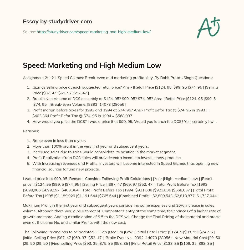 Speed: Marketing and High Medium Low essay