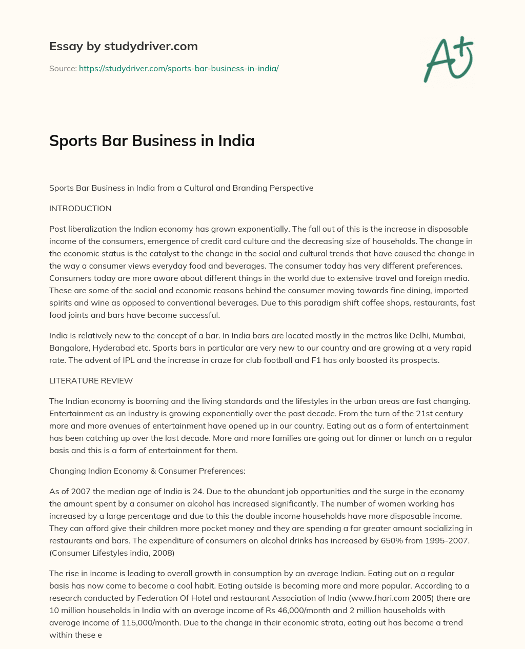 Sports Bar Business in India essay